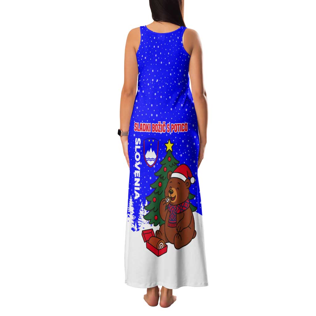 Slovenia Christmas Tank Maxi Dress with Bear Potica Cake Snowy Tree and National Emblem Design - Wonder Print Shop