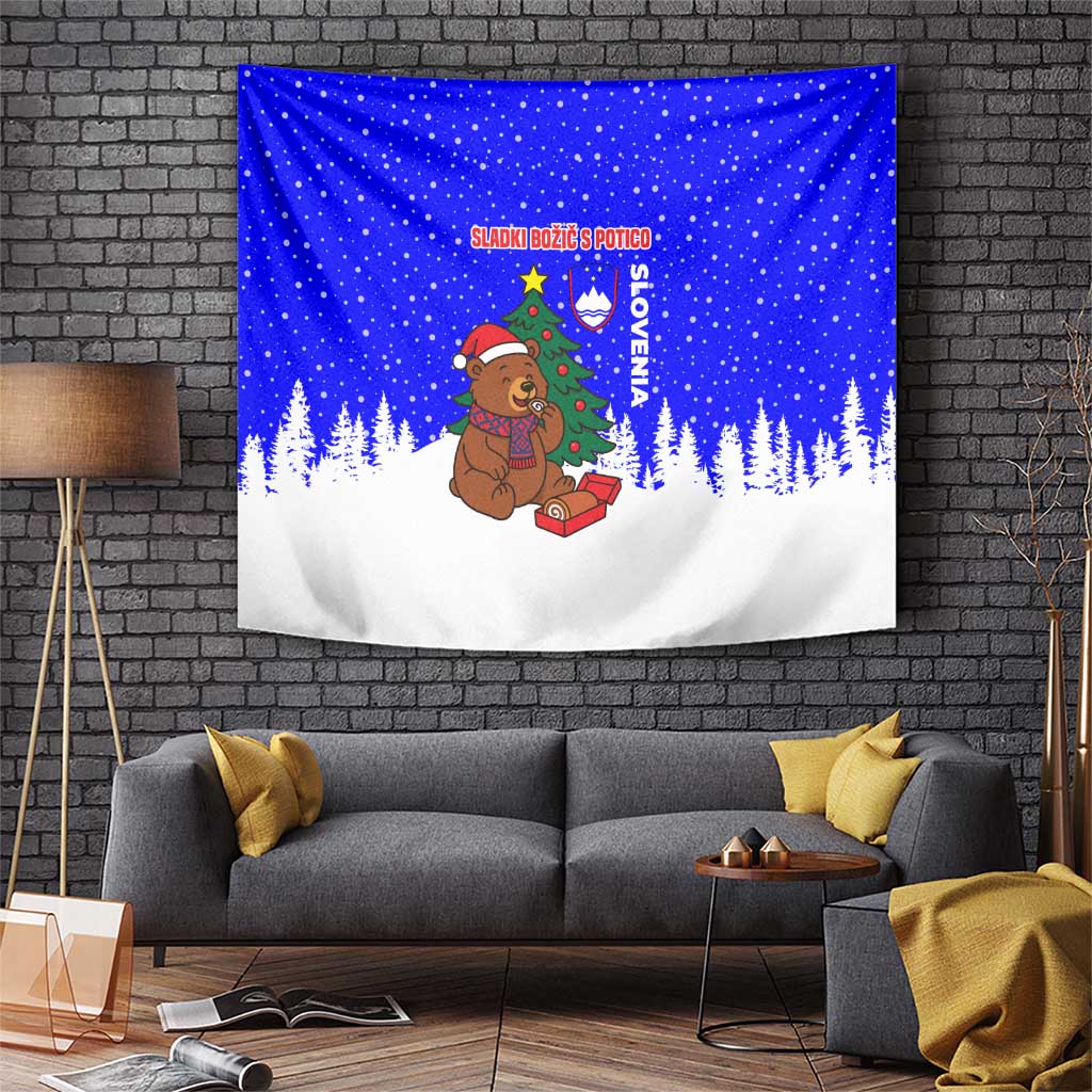 Slovenia Christmas Tapestry with Bear Potica Cake Snowy Tree and National Emblem Design - Wonder Print Shop