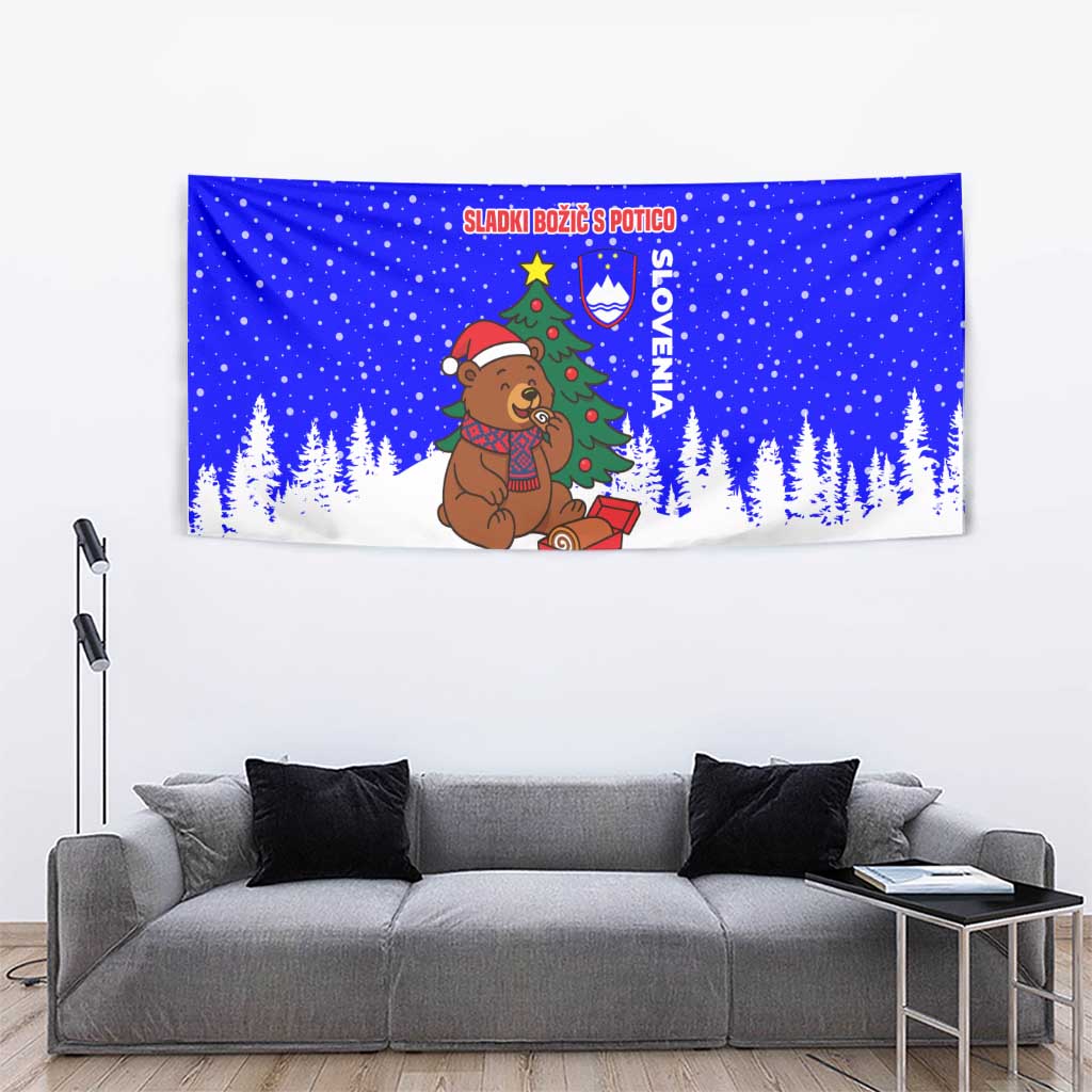 Slovenia Christmas Tapestry with Bear Potica Cake Snowy Tree and National Emblem Design - Wonder Print Shop