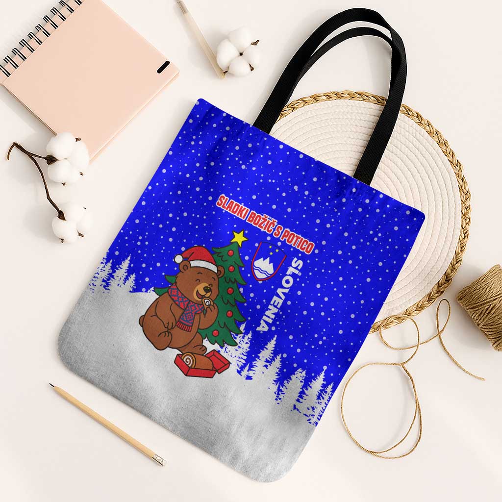 Slovenia Christmas Tote Bag with Bear Potica Cake Snowy Tree and National Emblem Design - Wonder Print Shop