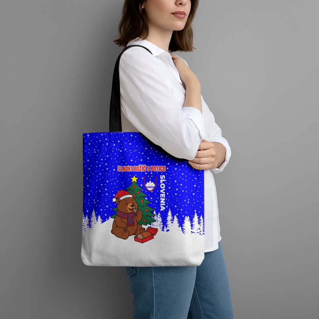 Slovenia Christmas Tote Bag with Bear Potica Cake Snowy Tree and National Emblem Design - Wonder Print Shop