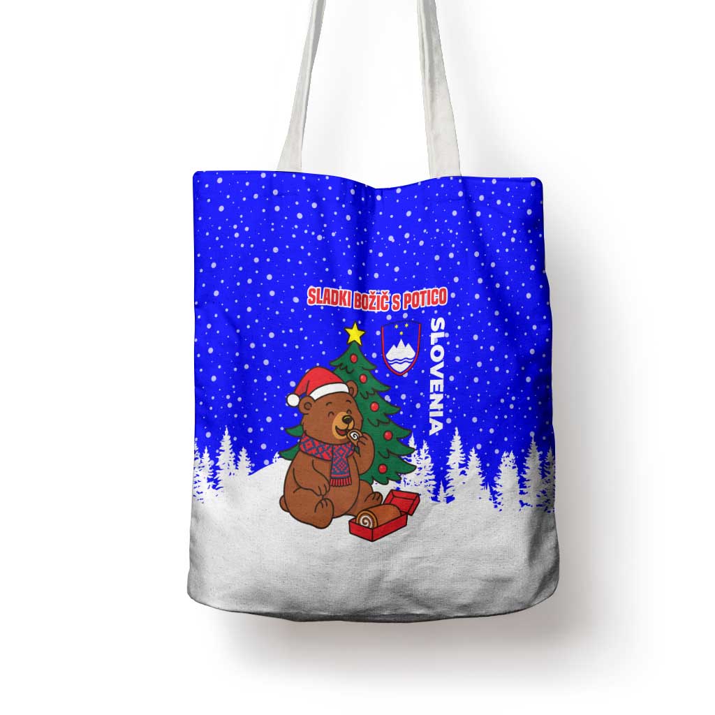 Slovenia Christmas Tote Bag with Bear Potica Cake Snowy Tree and National Emblem Design - Wonder Print Shop