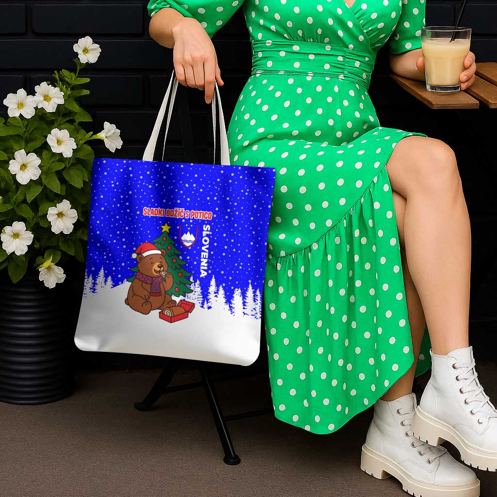 Slovenia Christmas Tote Bag with Bear Potica Cake Snowy Tree and National Emblem Design - Wonder Print Shop