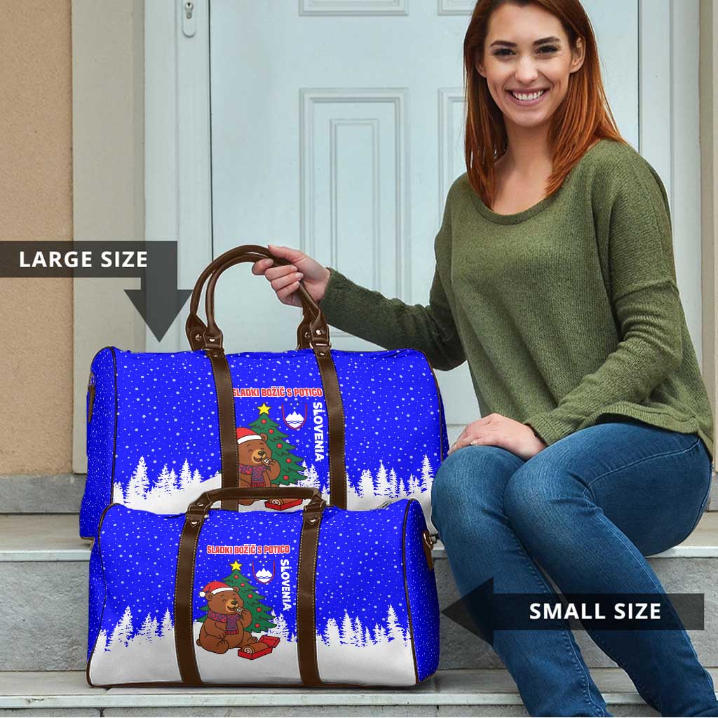 Slovenia Christmas Travel Bag with Bear Potica Cake Snowy Tree and National Emblem Design - Wonder Print Shop