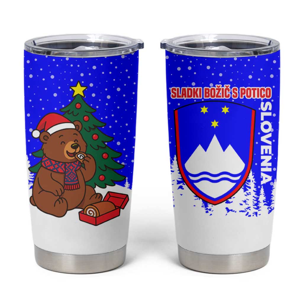 Slovenia Christmas Tumbler Cup with Bear Potica Cake Snowy Tree and National Emblem Design - Wonder Print Shop