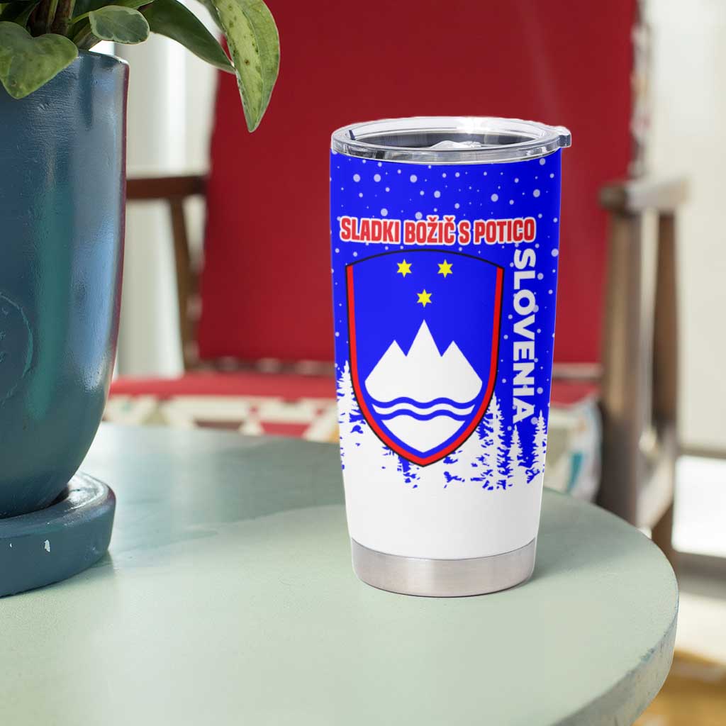 Slovenia Christmas Tumbler Cup with Bear Potica Cake Snowy Tree and National Emblem Design - Wonder Print Shop