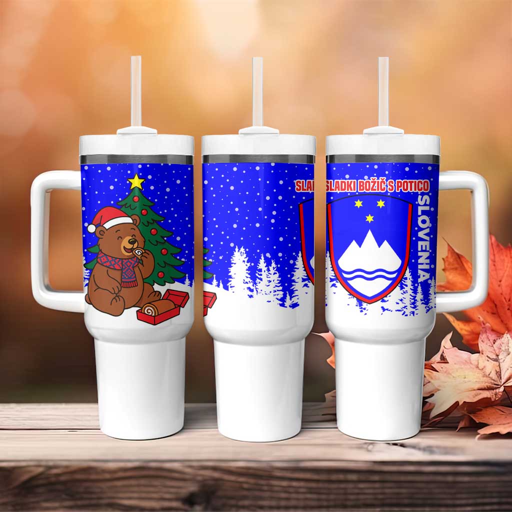 Slovenia Christmas Tumbler With Handle with Bear Potica Cake Snowy Tree and National Emblem Design - Wonder Print Shop