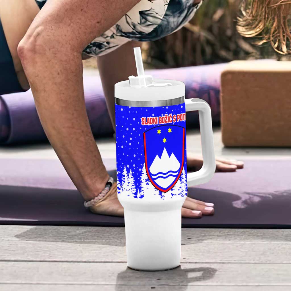 Slovenia Christmas Tumbler With Handle with Bear Potica Cake Snowy Tree and National Emblem Design - Wonder Print Shop