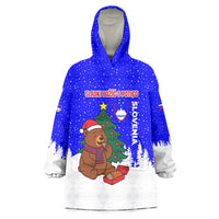 Slovenia Christmas Wearable Blanket Hoodie with Bear Potica Cake Snowy Tree and National Emblem Design - Wonder Print Shop