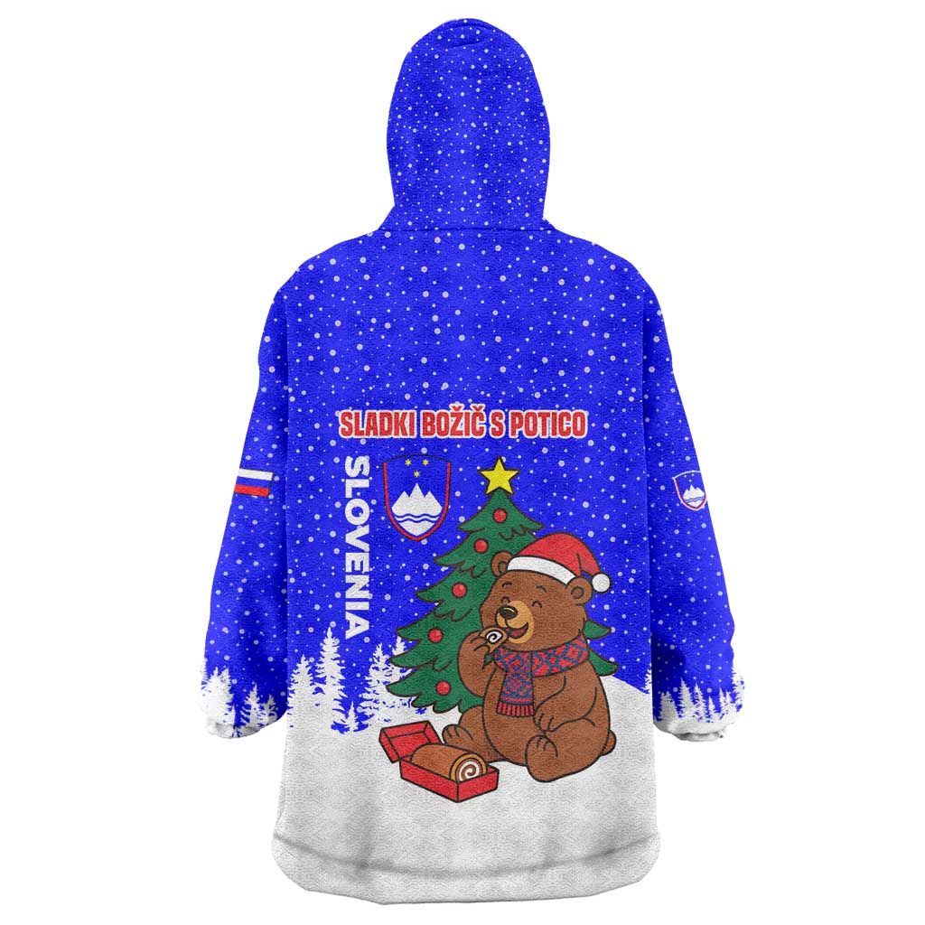 Slovenia Christmas Wearable Blanket Hoodie with Bear Potica Cake Snowy Tree and National Emblem Design - Wonder Print Shop