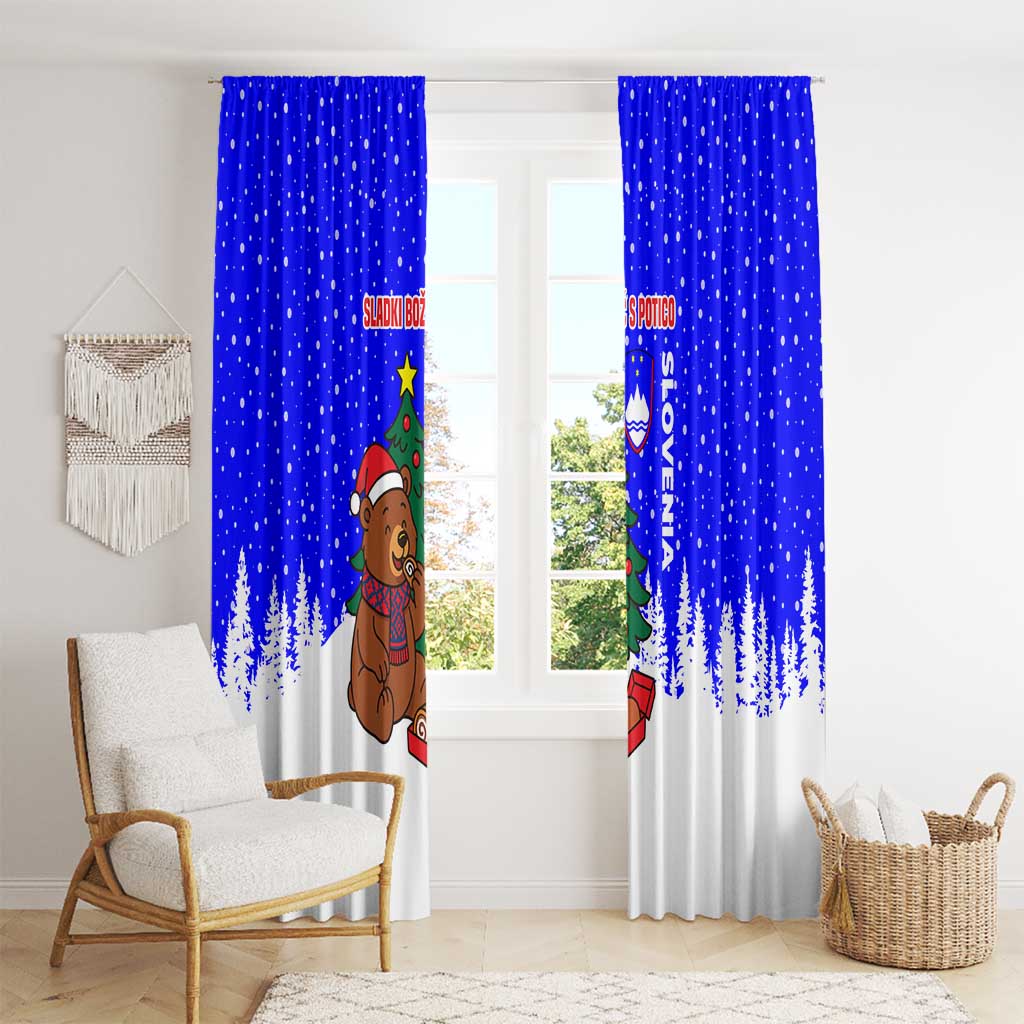 Slovenia Christmas Window Curtain with Bear Potica Cake Snowy Tree and National Emblem Design - Wonder Print Shop