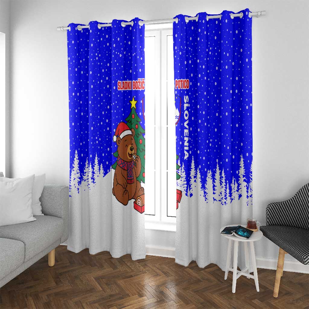 Slovenia Christmas Window Curtain with Bear Potica Cake Snowy Tree and National Emblem Design - Wonder Print Shop