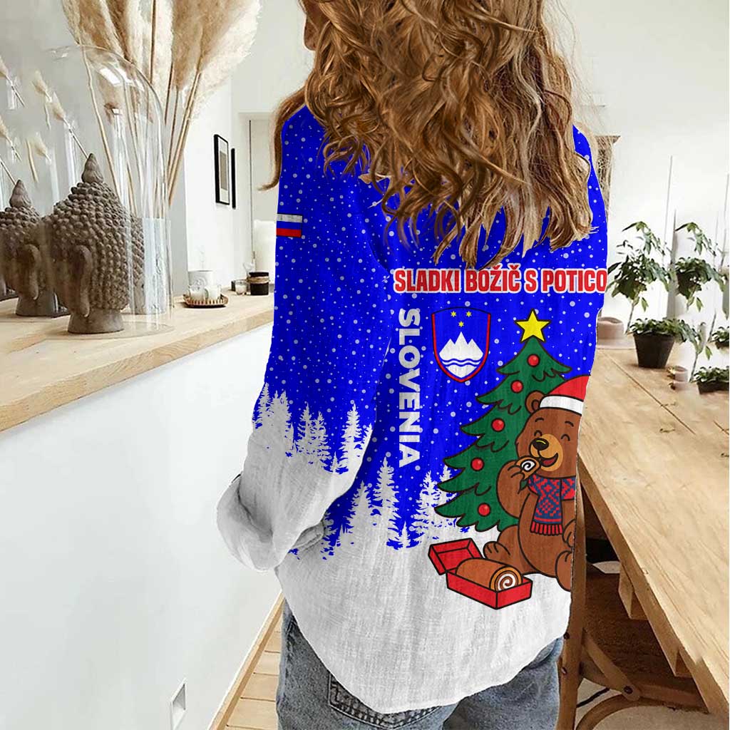 Slovenia Christmas Women Casual Shirt with Bear Potica Cake Snowy Tree and National Emblem Design - Wonder Print Shop