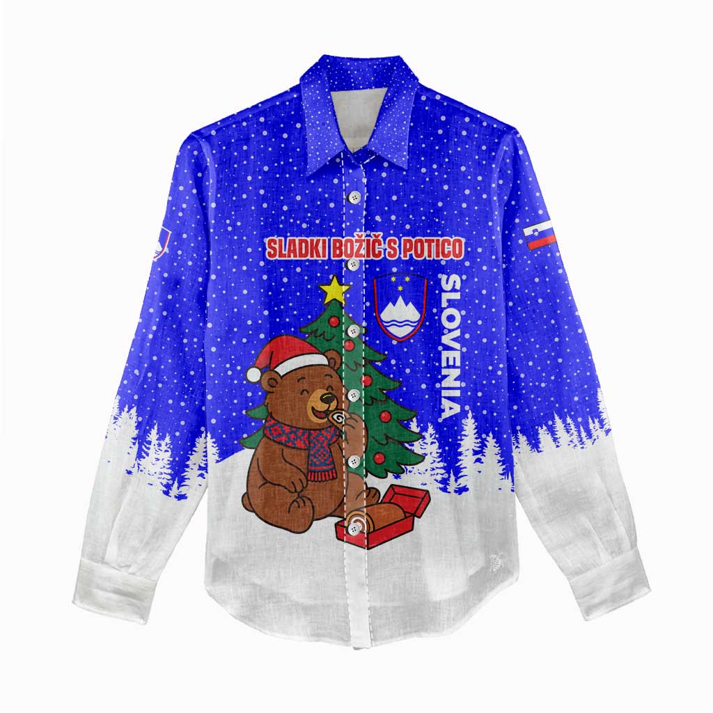 Slovenia Christmas Women Casual Shirt with Bear Potica Cake Snowy Tree and National Emblem Design - Wonder Print Shop