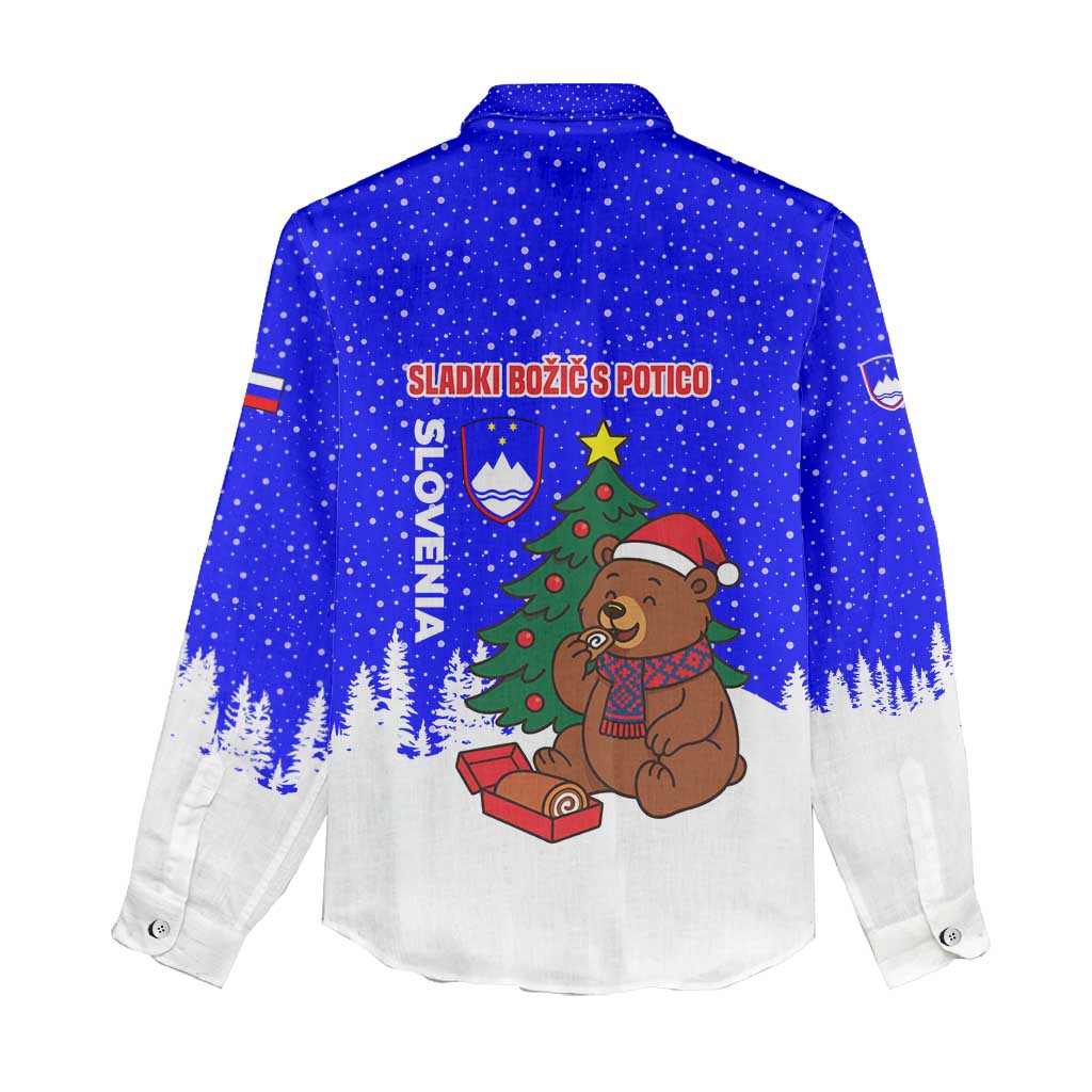 Slovenia Christmas Women Casual Shirt with Bear Potica Cake Snowy Tree and National Emblem Design - Wonder Print Shop