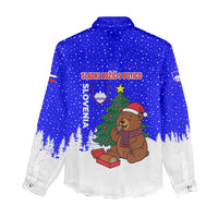 Slovenia Christmas Women Casual Shirt with Bear Potica Cake Snowy Tree and National Emblem Design - Wonder Print Shop