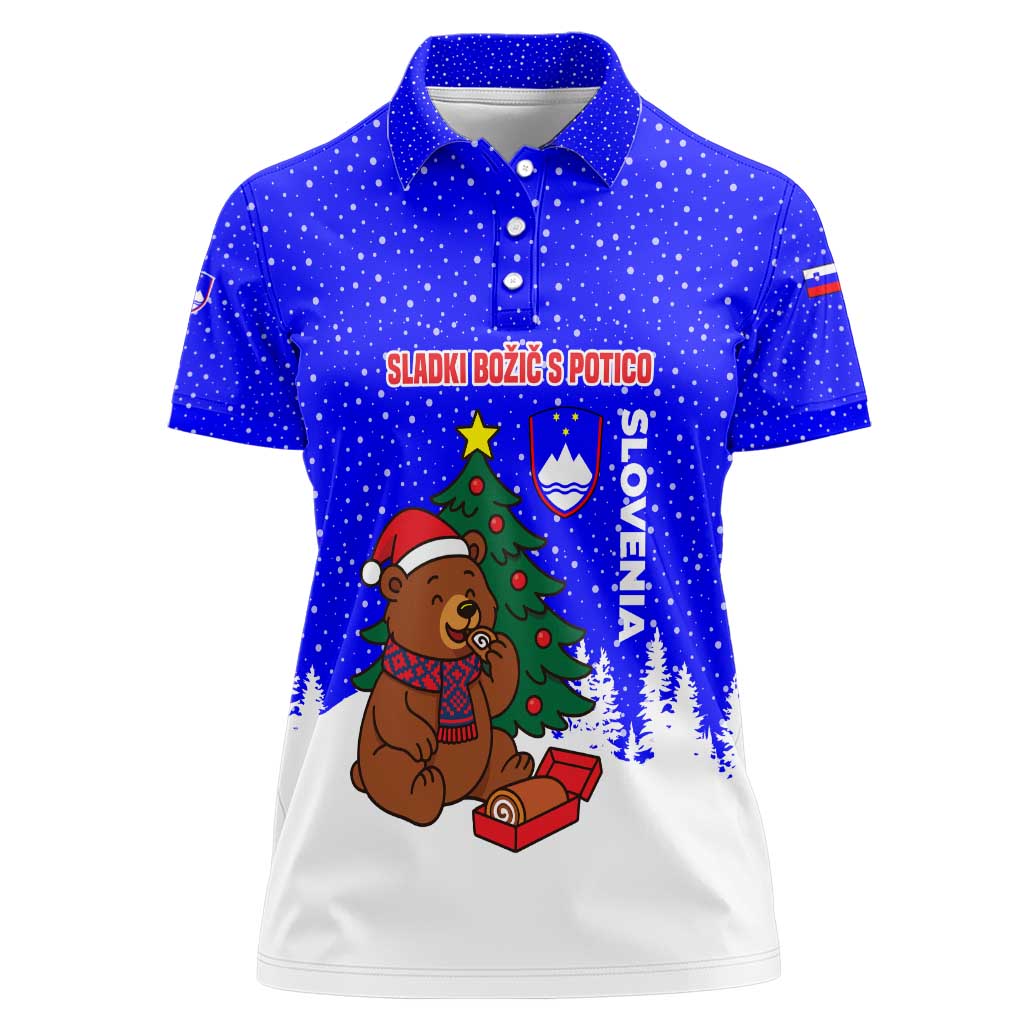 Slovenia Christmas Women Polo Shirt with Bear Potica Cake Snowy Tree and National Emblem Design - Wonder Print Shop