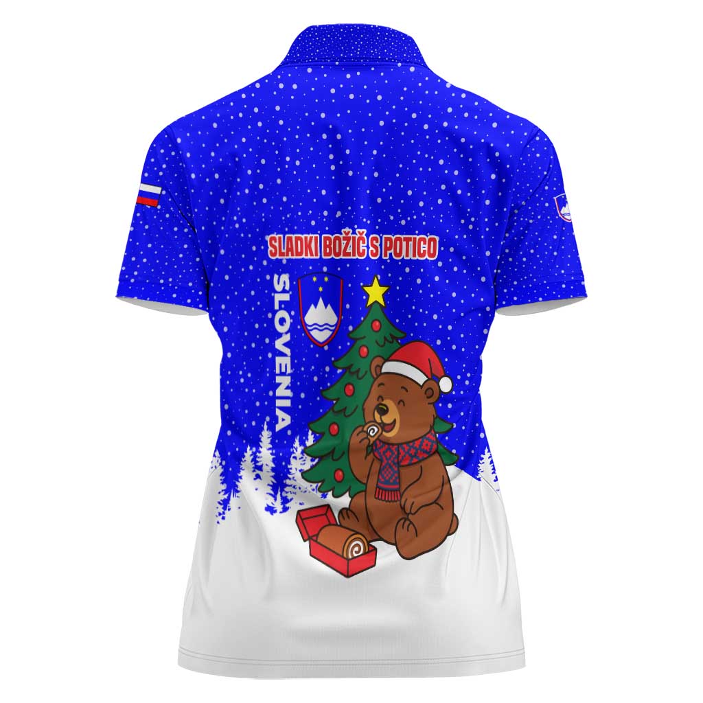 Slovenia Christmas Women Polo Shirt with Bear Potica Cake Snowy Tree and National Emblem Design - Wonder Print Shop