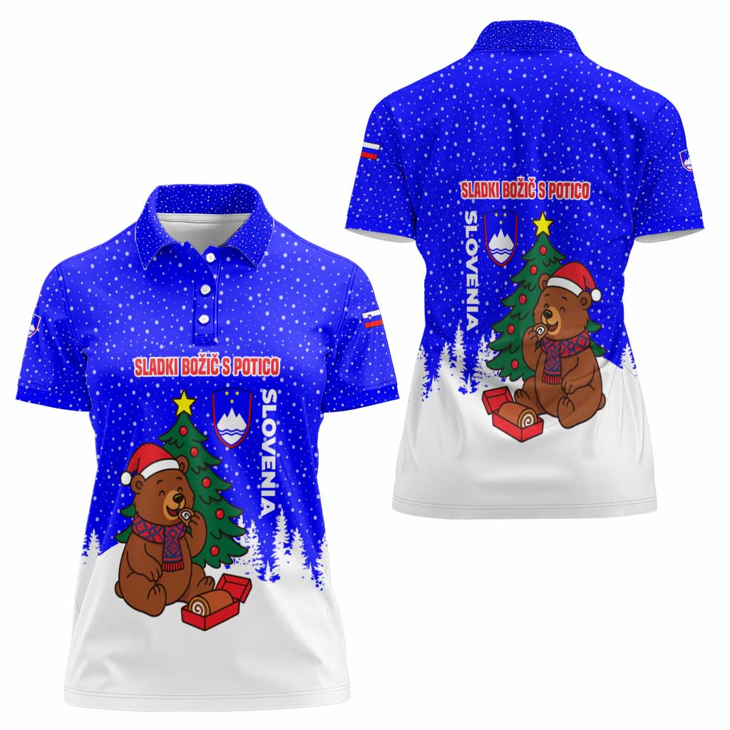 Slovenia Christmas Women Polo Shirt with Bear Potica Cake Snowy Tree and National Emblem Design - Wonder Print Shop