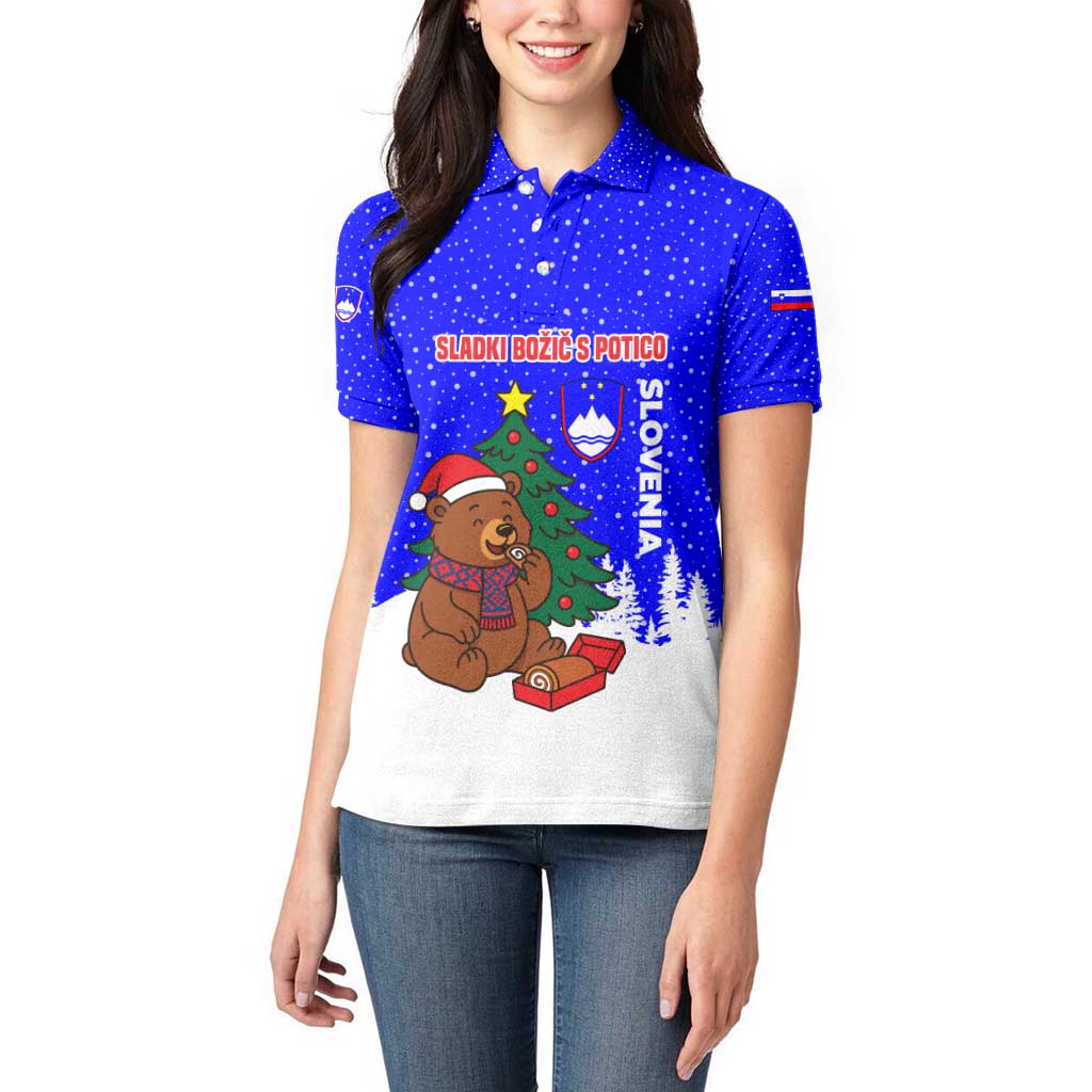Slovenia Christmas Women Polo Shirt with Bear Potica Cake Snowy Tree and National Emblem Design - Wonder Print Shop