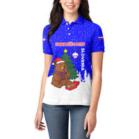 Slovenia Christmas Women Polo Shirt with Bear Potica Cake Snowy Tree and National Emblem Design - Wonder Print Shop