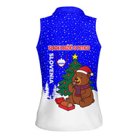 Slovenia Christmas Women Sleeveless Polo Shirt with Bear Potica Cake Snowy Tree and National Emblem Design - Wonder Print Shop