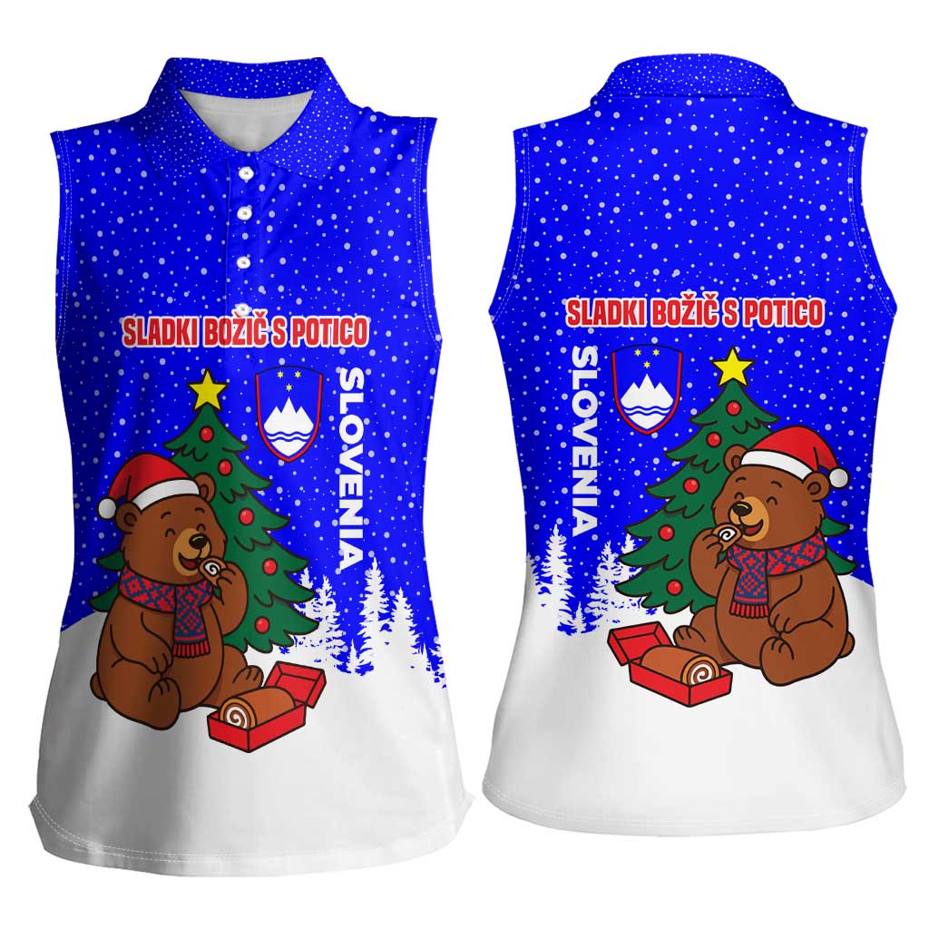 Slovenia Christmas Women Sleeveless Polo Shirt with Bear Potica Cake Snowy Tree and National Emblem Design - Wonder Print Shop