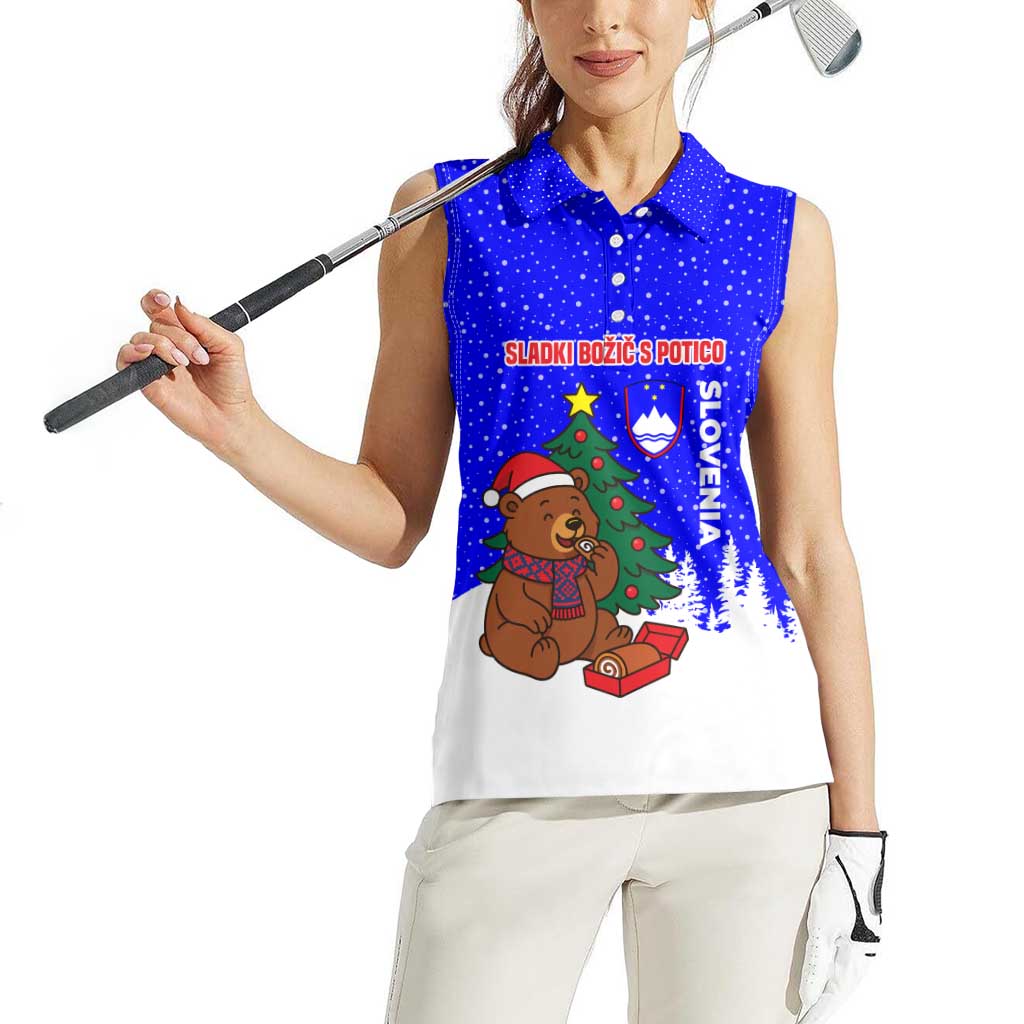 Slovenia Christmas Women Sleeveless Polo Shirt with Bear Potica Cake Snowy Tree and National Emblem Design - Wonder Print Shop