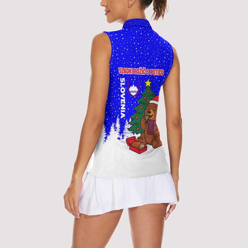 Slovenia Christmas Women Sleeveless Polo Shirt with Bear Potica Cake Snowy Tree and National Emblem Design - Wonder Print Shop