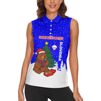 Slovenia Christmas Women Sleeveless Polo Shirt with Bear Potica Cake Snowy Tree and National Emblem Design - Wonder Print Shop