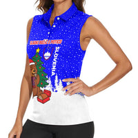 Slovenia Christmas Women Sleeveless Polo Shirt with Bear Potica Cake Snowy Tree and National Emblem Design - Wonder Print Shop