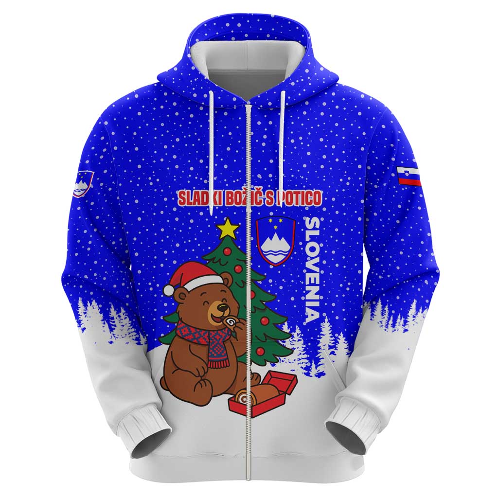 Slovenia Christmas Zip Hoodie with Bear Potica Cake Snowy Tree and National Emblem Design - Wonder Print Shop