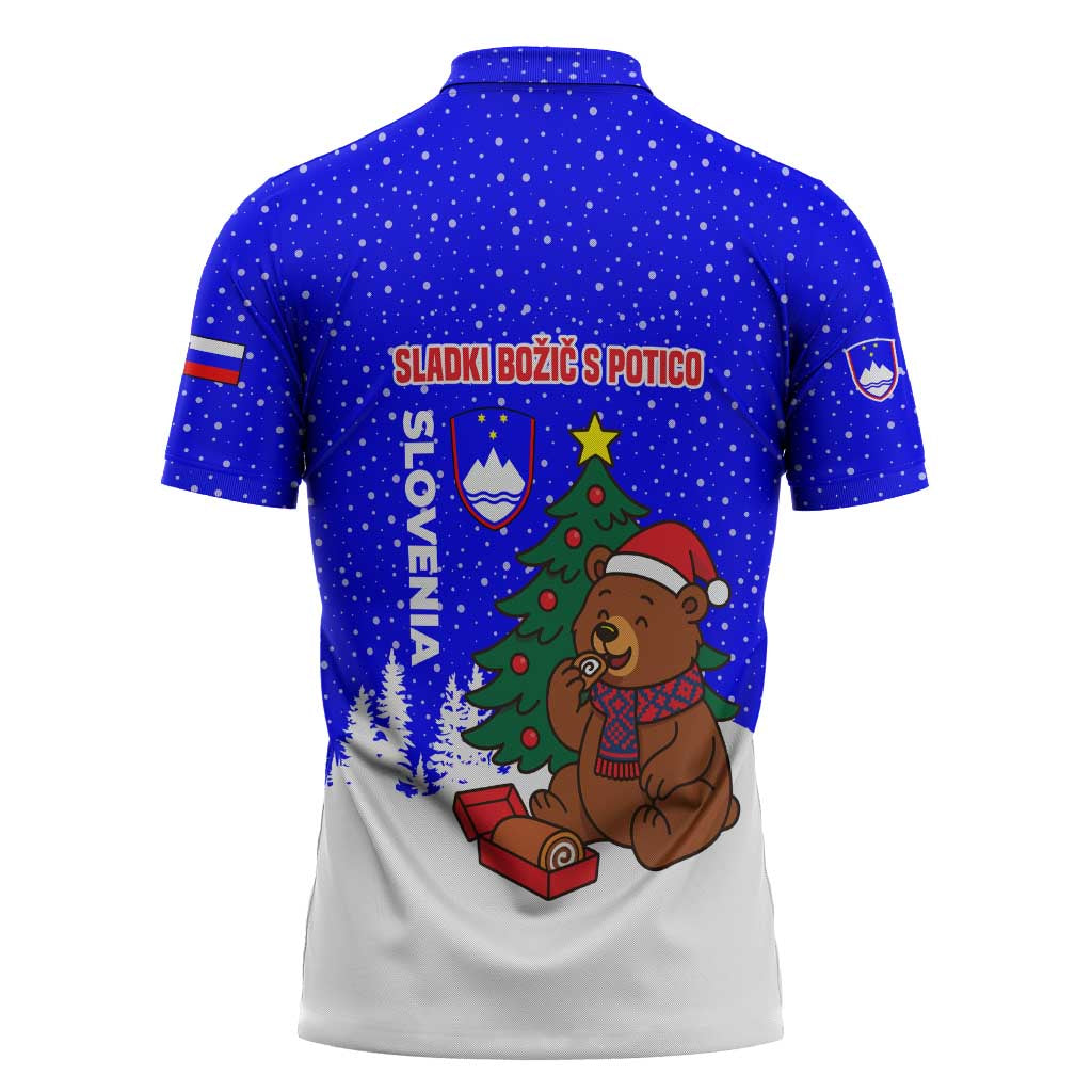 Slovenia Christmas Zipper Polo Shirt with Bear Potica Cake Snowy Tree and National Emblem Design - Wonder Print Shop