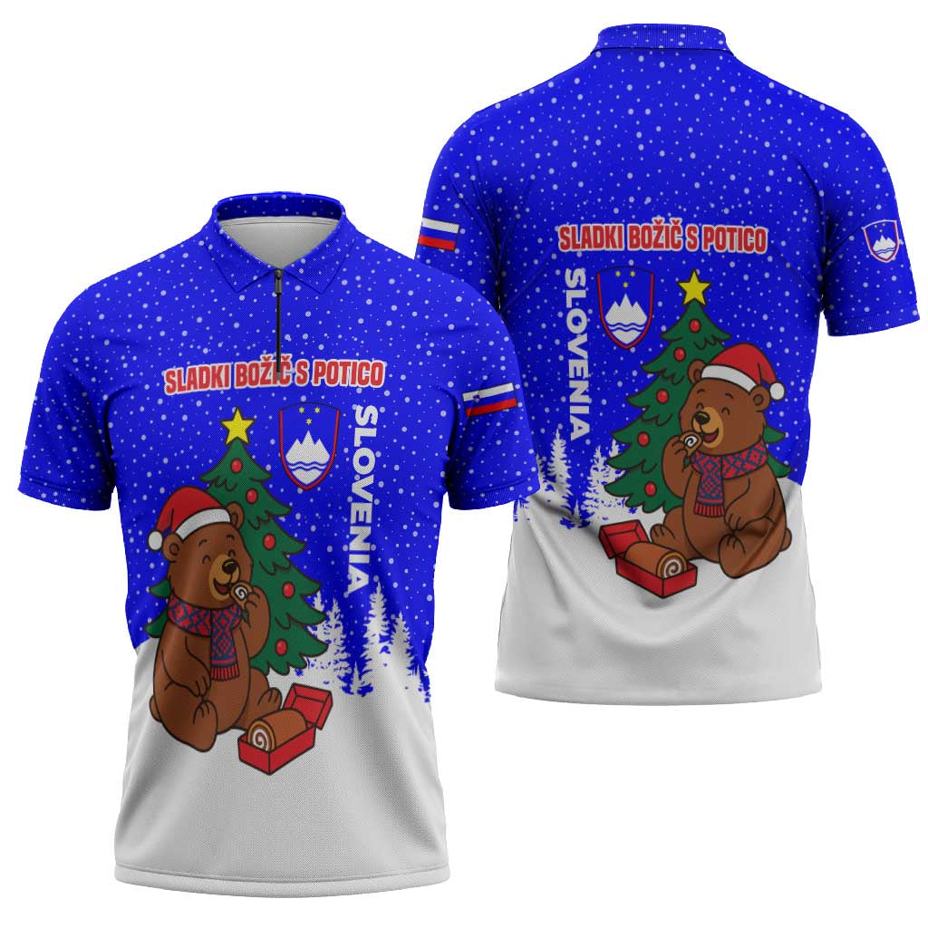 Slovenia Christmas Zipper Polo Shirt with Bear Potica Cake Snowy Tree and National Emblem Design - Wonder Print Shop