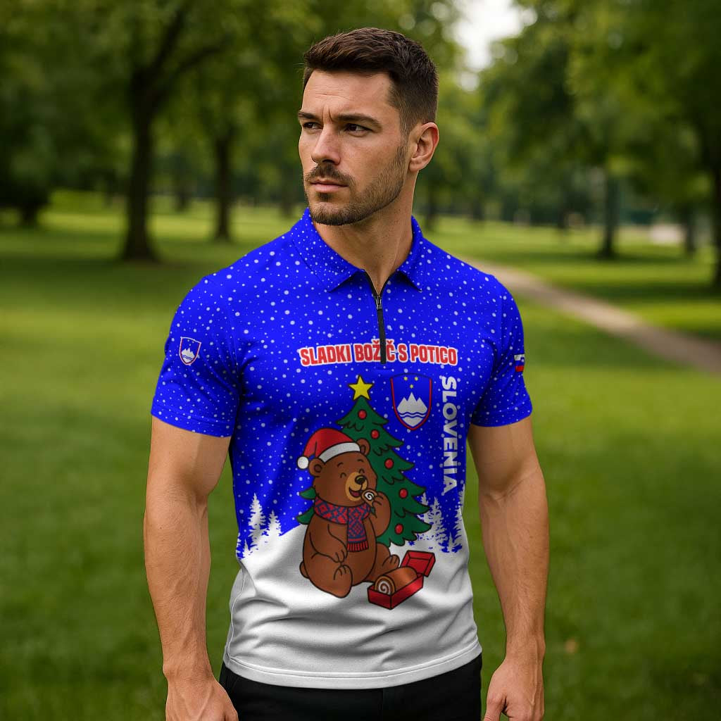 Slovenia Christmas Zipper Polo Shirt with Bear Potica Cake Snowy Tree and National Emblem Design - Wonder Print Shop