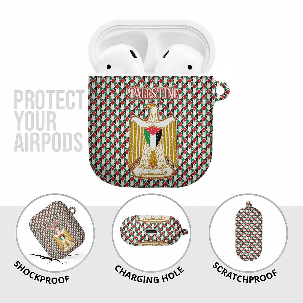 Palestine Christmas AirPods Case with Red-Green Pattern, Golden Eagle Emblem, and Jesus Holding Flag Motif - Wonder Print Shop