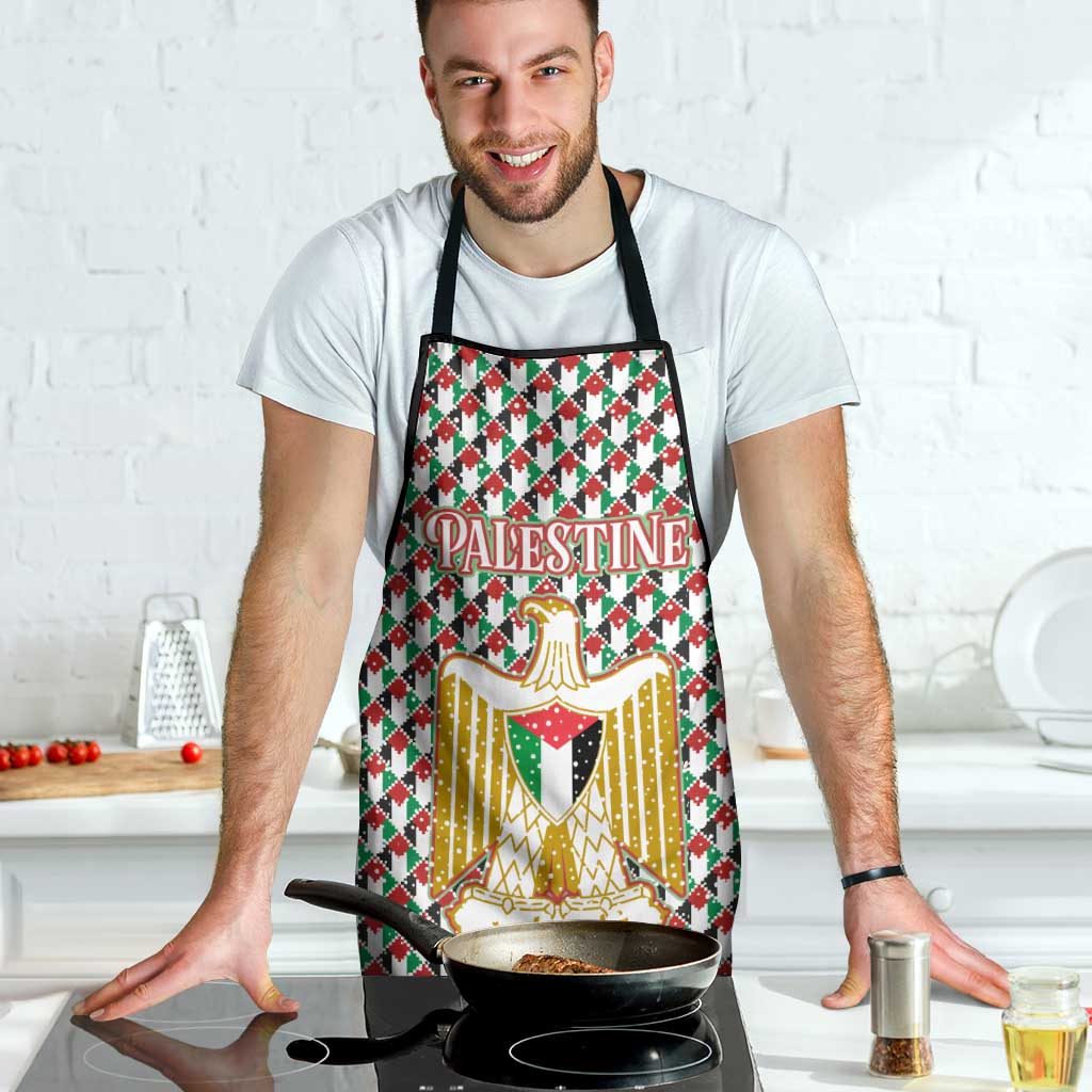 Palestine Christmas Apron with Red-Green Pattern, Golden Eagle Emblem, and Jesus Holding Flag Motif - Wonder Print Shop