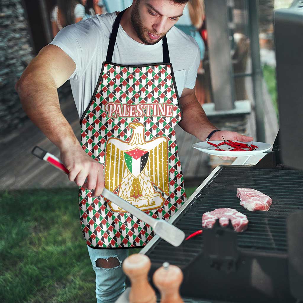 Palestine Christmas Apron with Red-Green Pattern, Golden Eagle Emblem, and Jesus Holding Flag Motif - Wonder Print Shop