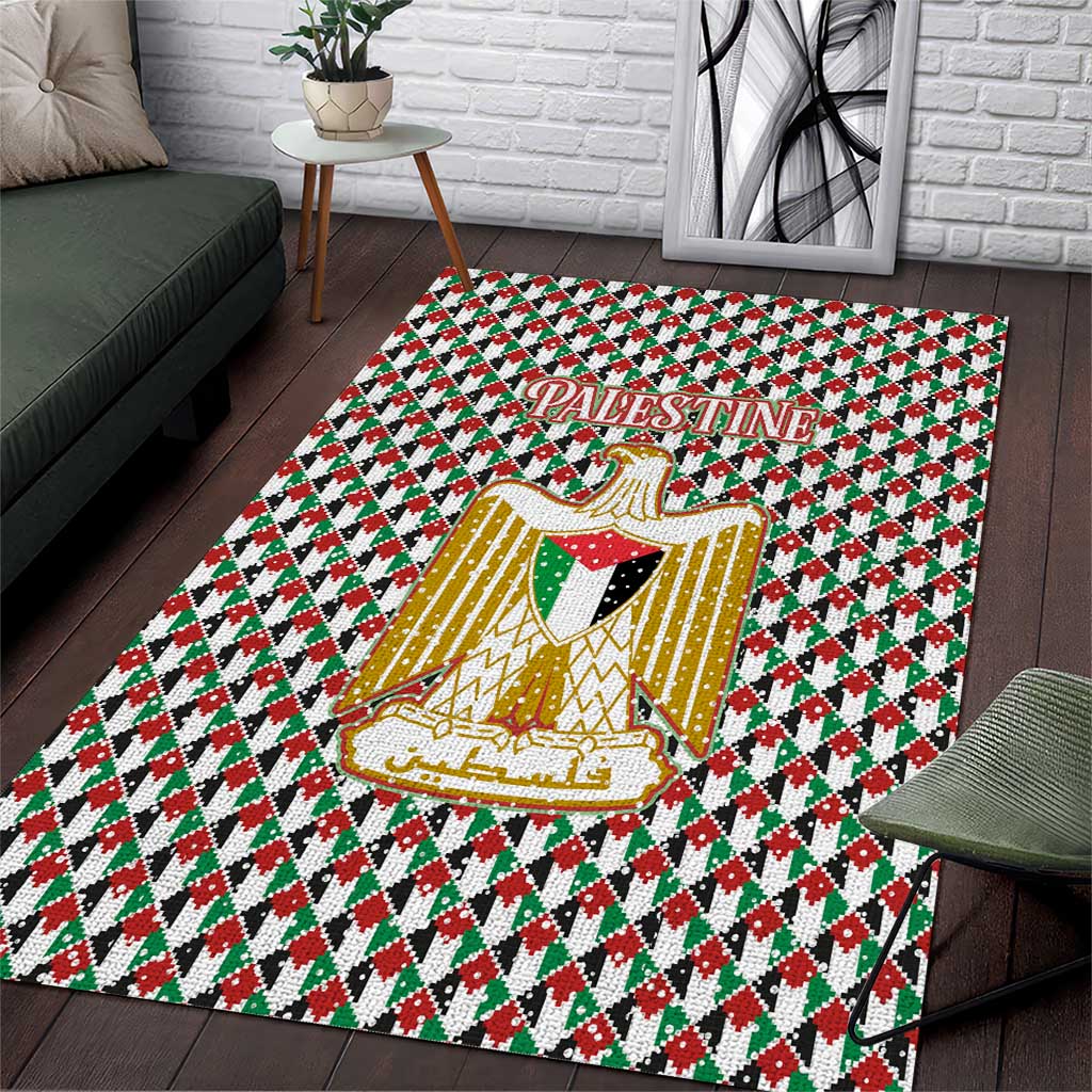 Palestine Christmas Area Rug with Red-Green Pattern, Golden Eagle Emblem, and Jesus Holding Flag Motif - Wonder Print Shop