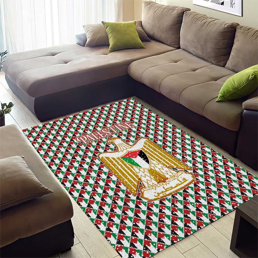 Palestine Christmas Area Rug with Red-Green Pattern, Golden Eagle Emblem, and Jesus Holding Flag Motif - Wonder Print Shop