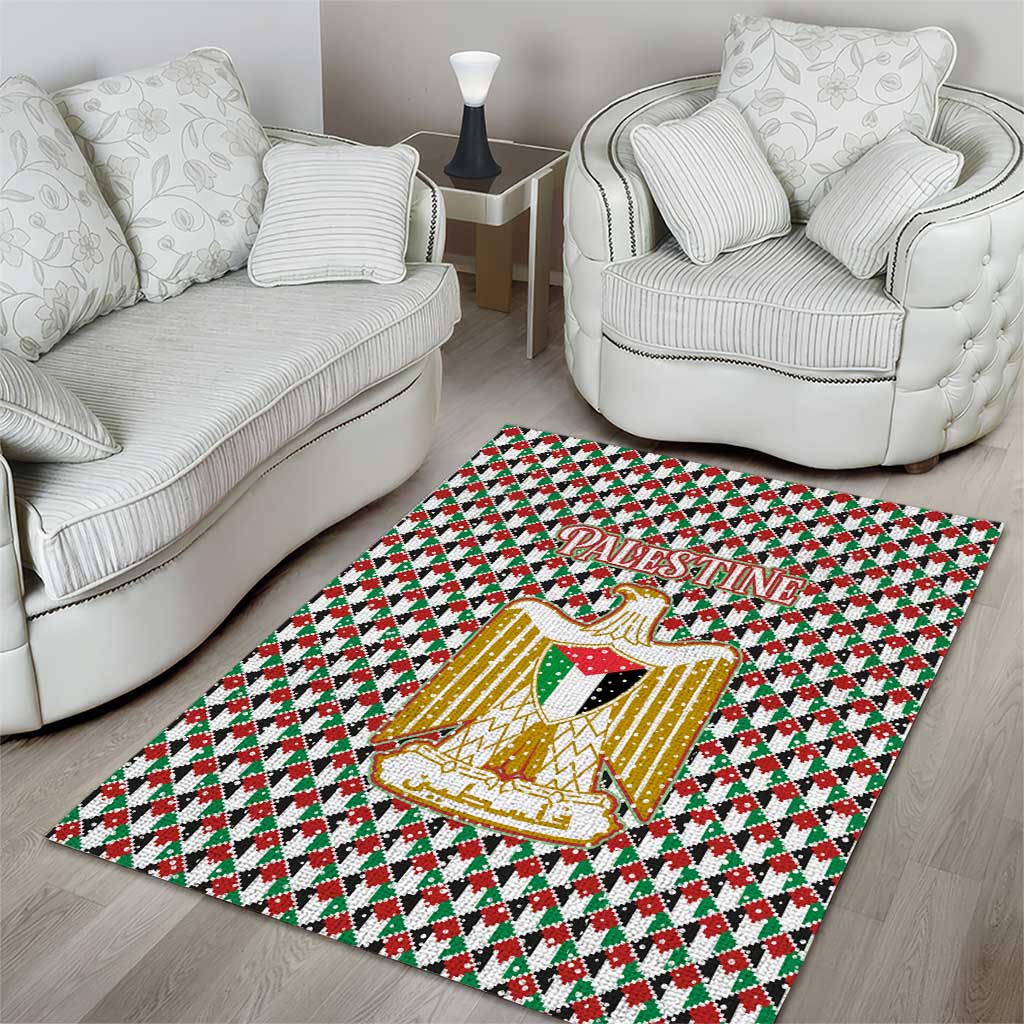 Palestine Christmas Area Rug with Red-Green Pattern, Golden Eagle Emblem, and Jesus Holding Flag Motif - Wonder Print Shop