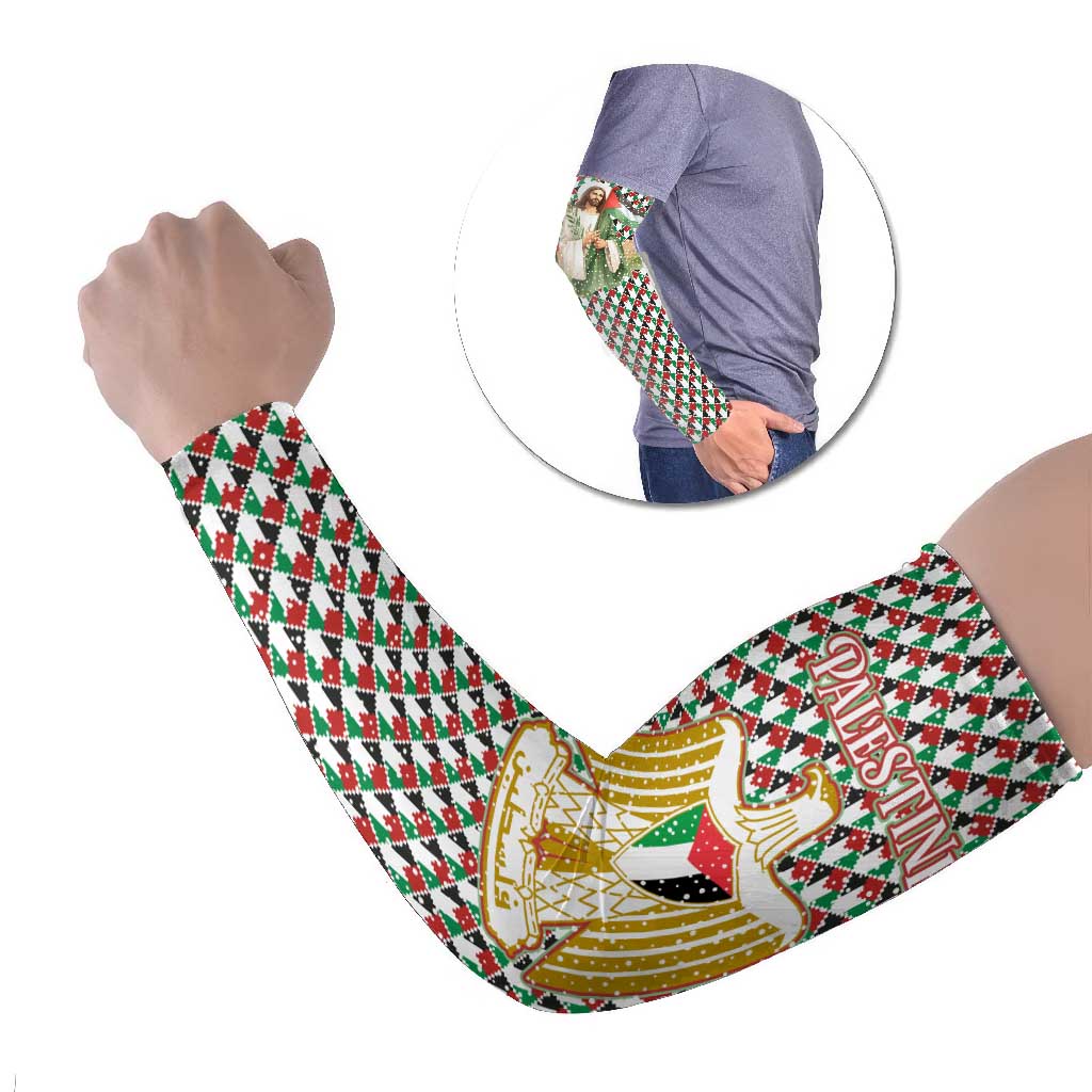 Palestine Christmas Arm Sleeves with Red-Green Pattern, Golden Eagle Emblem, and Jesus Holding Flag Motif - Wonder Print Shop