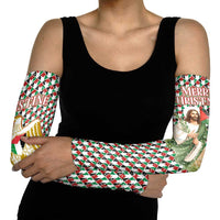 Palestine Christmas Arm Sleeves with Red-Green Pattern, Golden Eagle Emblem, and Jesus Holding Flag Motif - Wonder Print Shop