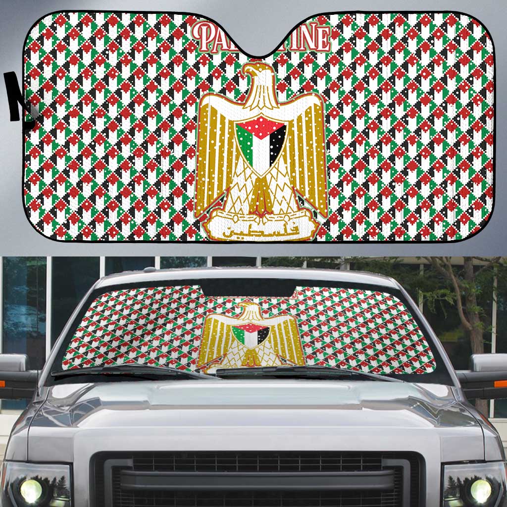 Palestine Christmas Auto Sun Shade with Red-Green Pattern, Golden Eagle Emblem, and Jesus Holding Flag Motif - Wonder Print Shop