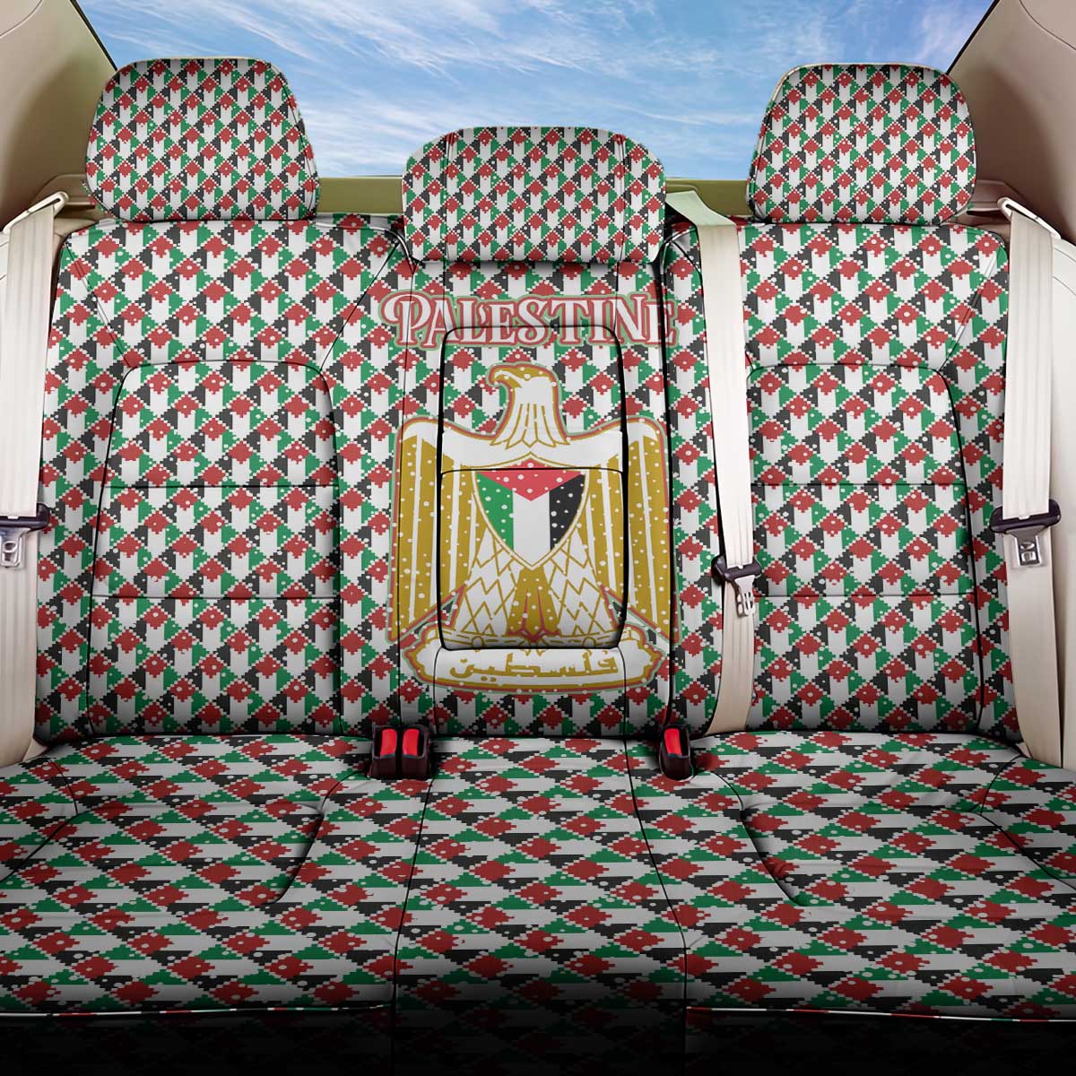 Palestine Christmas Back Car Seat Cover with Red-Green Pattern, Golden Eagle Emblem, and Jesus Holding Flag Motif - Wonder Print Shop