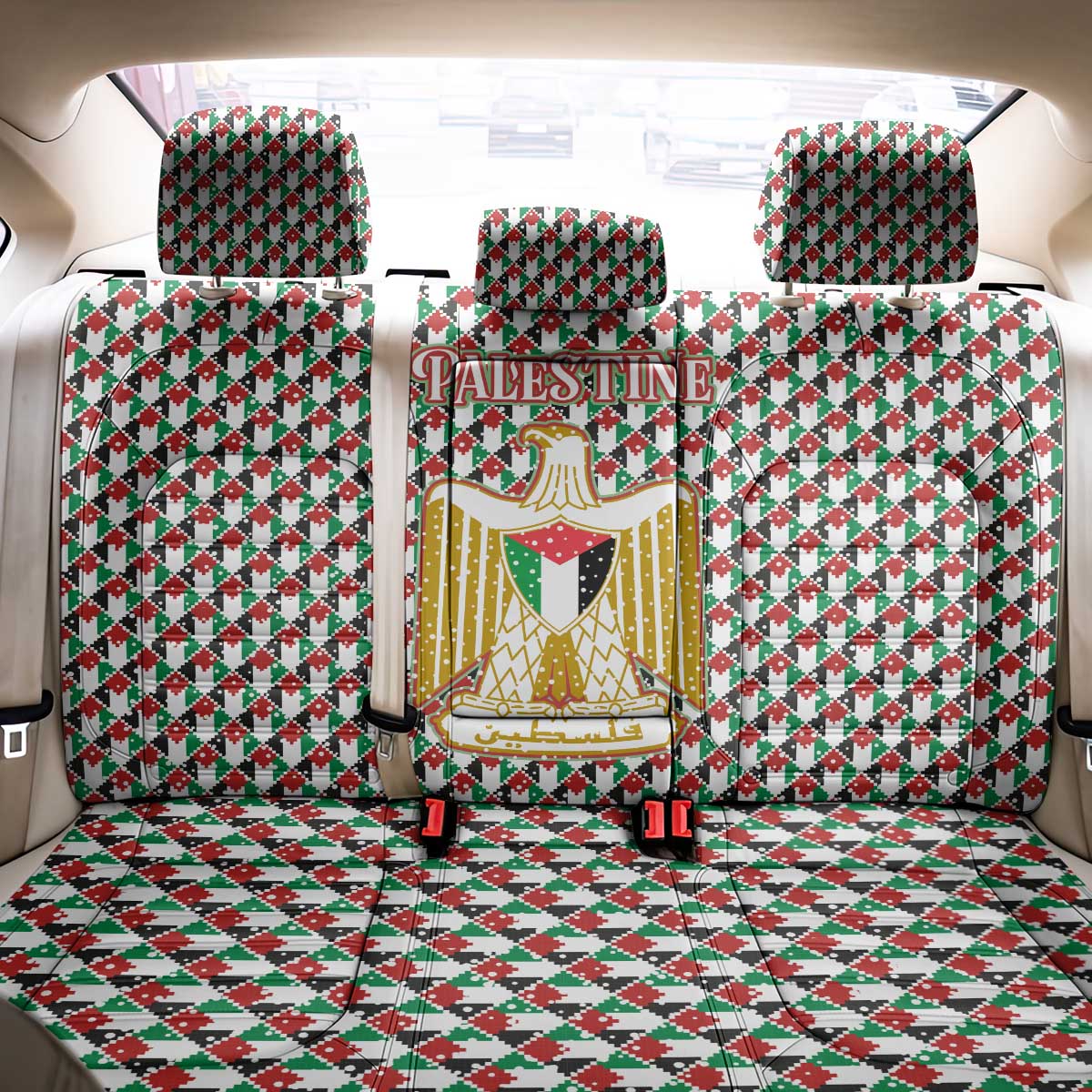 Palestine Christmas Back Car Seat Cover with Red-Green Pattern, Golden Eagle Emblem, and Jesus Holding Flag Motif - Wonder Print Shop