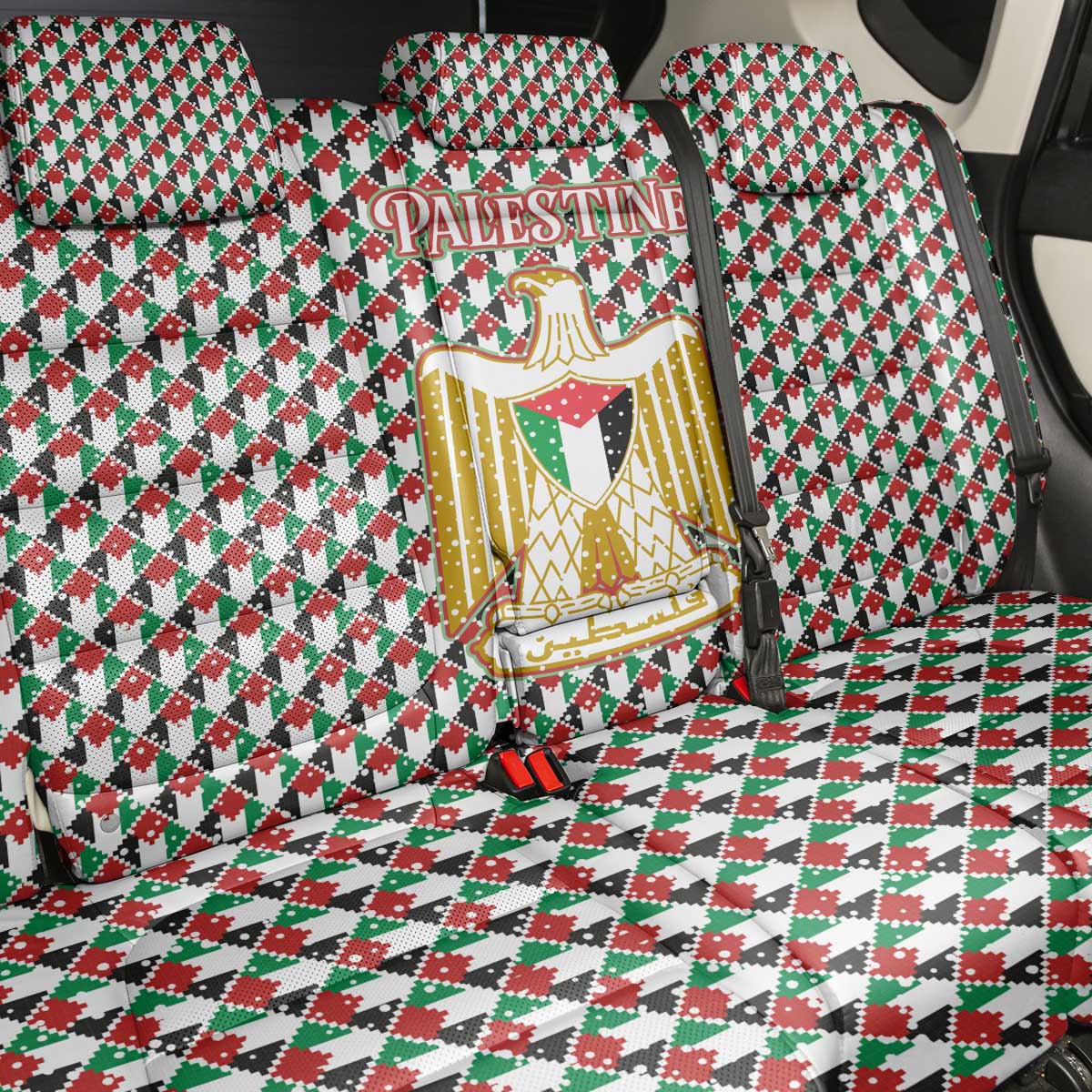 Palestine Christmas Back Car Seat Cover with Red-Green Pattern, Golden Eagle Emblem, and Jesus Holding Flag Motif - Wonder Print Shop