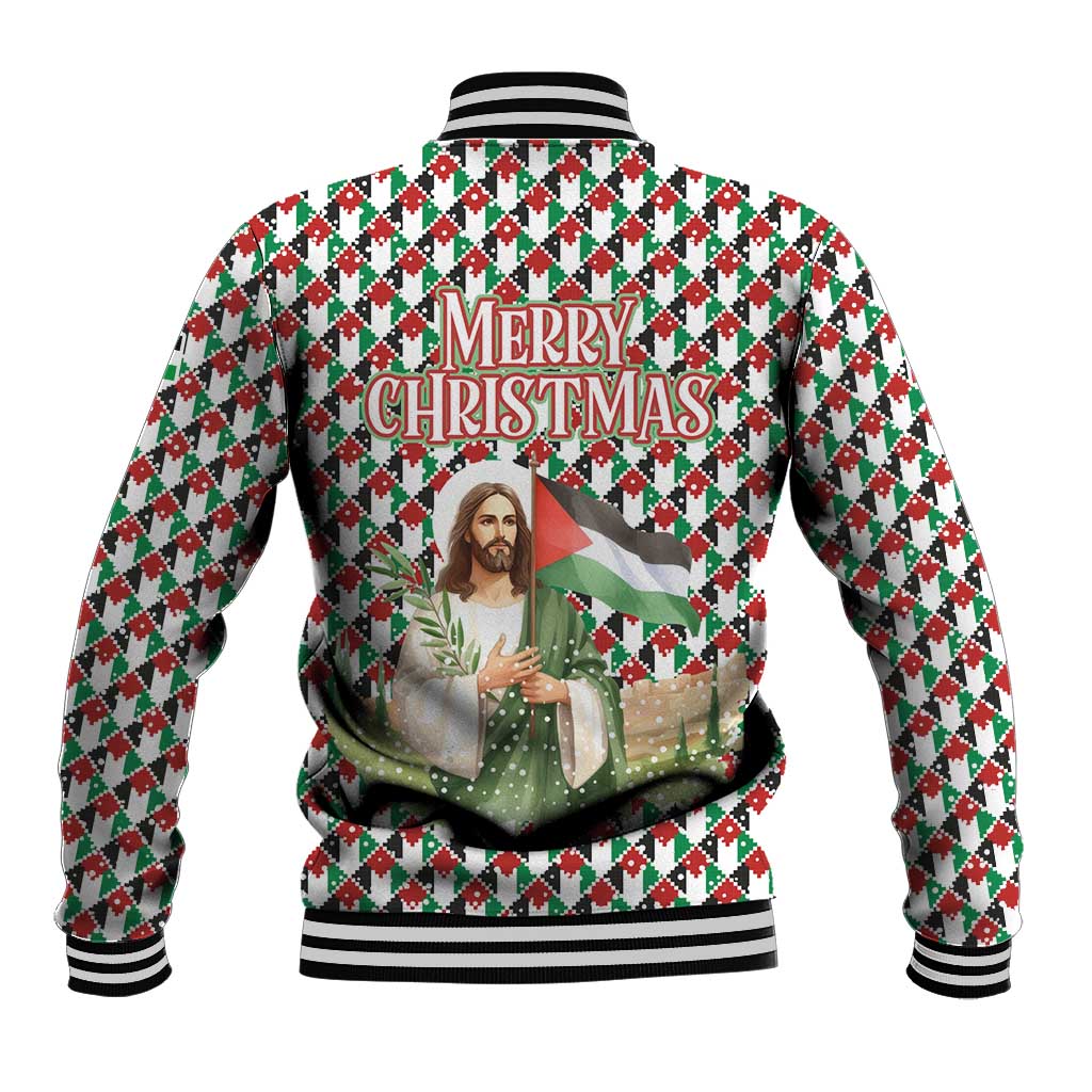 Palestine Christmas Baseball Jacket with Red-Green Pattern, Golden Eagle Emblem, and Jesus Holding Flag Motif - Wonder Print Shop