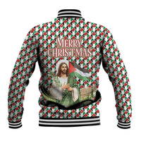 Palestine Christmas Baseball Jacket with Red-Green Pattern, Golden Eagle Emblem, and Jesus Holding Flag Motif - Wonder Print Shop