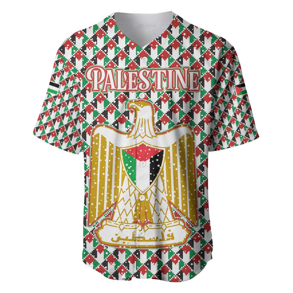 Palestine Christmas Baseball Jersey with Red-Green Pattern, Golden Eagle Emblem, and Jesus Holding Flag Motif - Wonder Print Shop